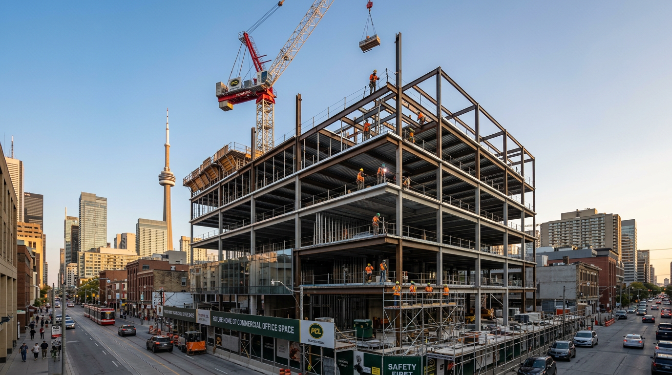 Commercial building under construction with a tower crane in Toronto
