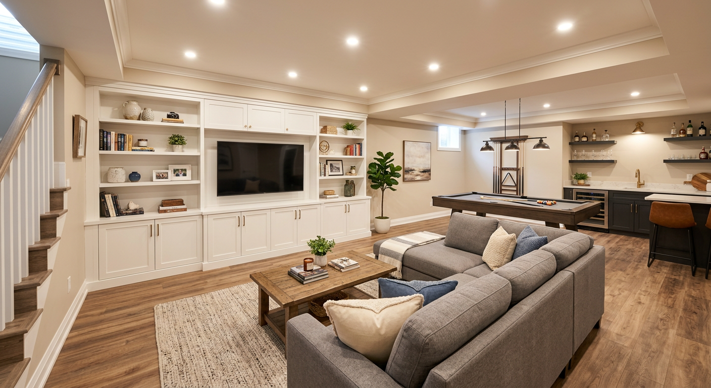 Finished basement renovation with recreation area