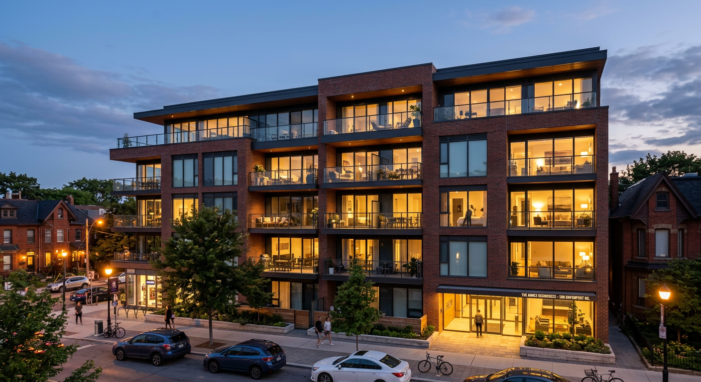 Modern low-rise condominium building with balconies
