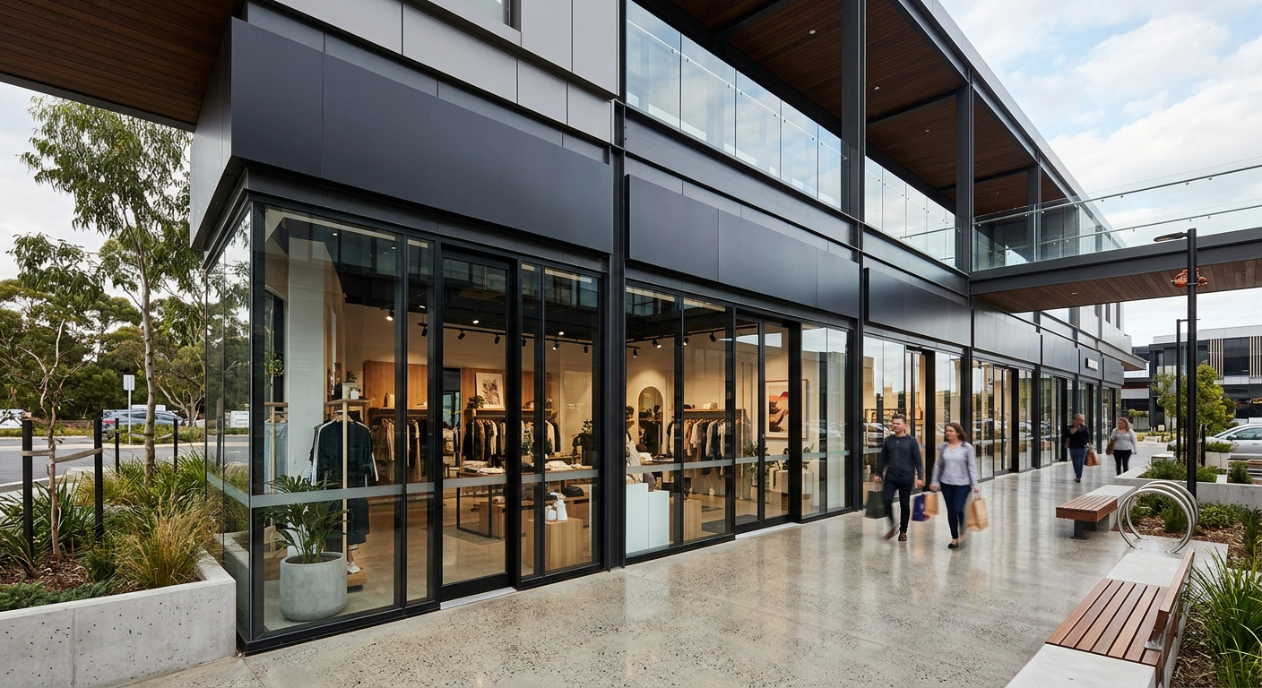Modern retail plaza with glass storefronts