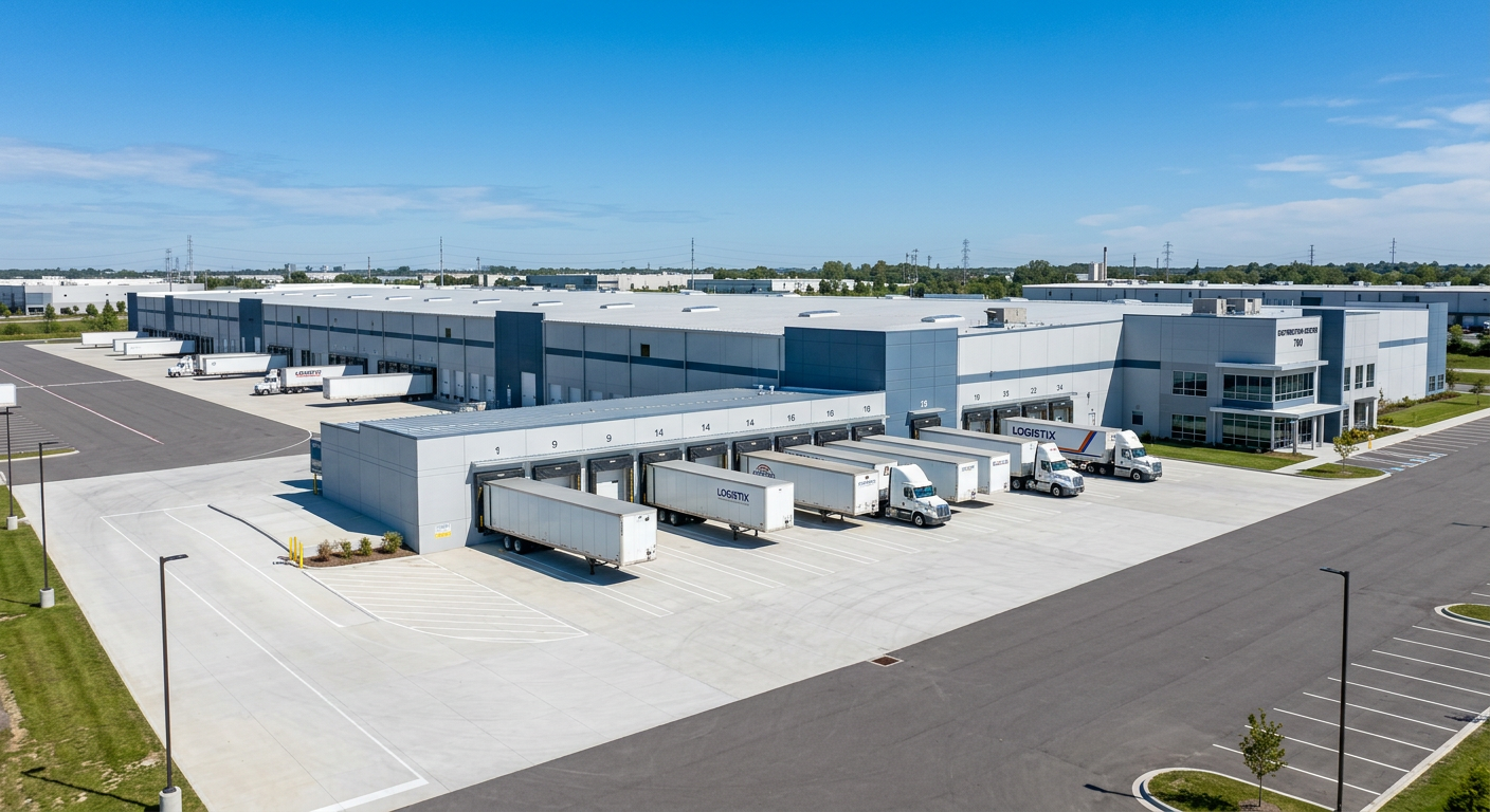 Completed industrial warehouse with loading docks