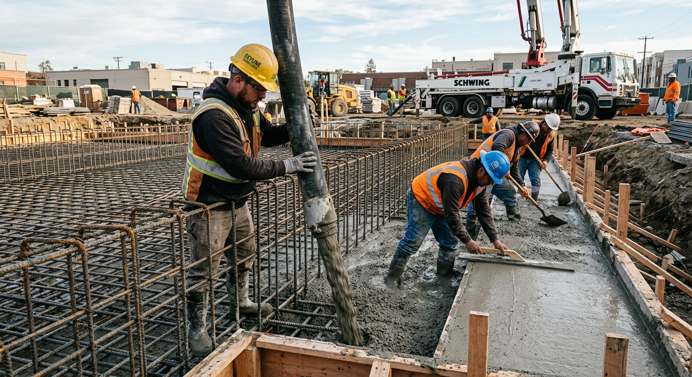 Workers pouring a concrete foundation over rebar