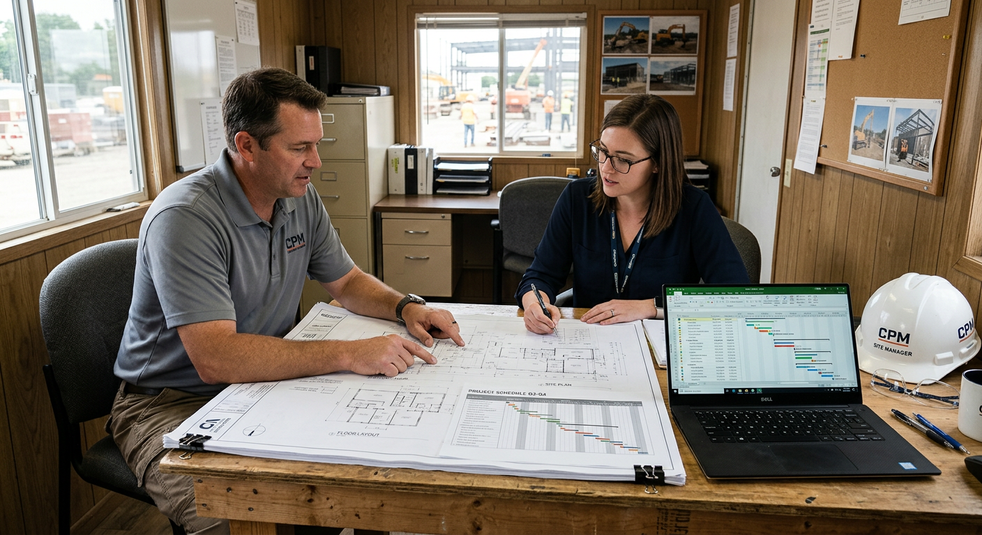 Project manager reviewing blueprints and a construction schedule