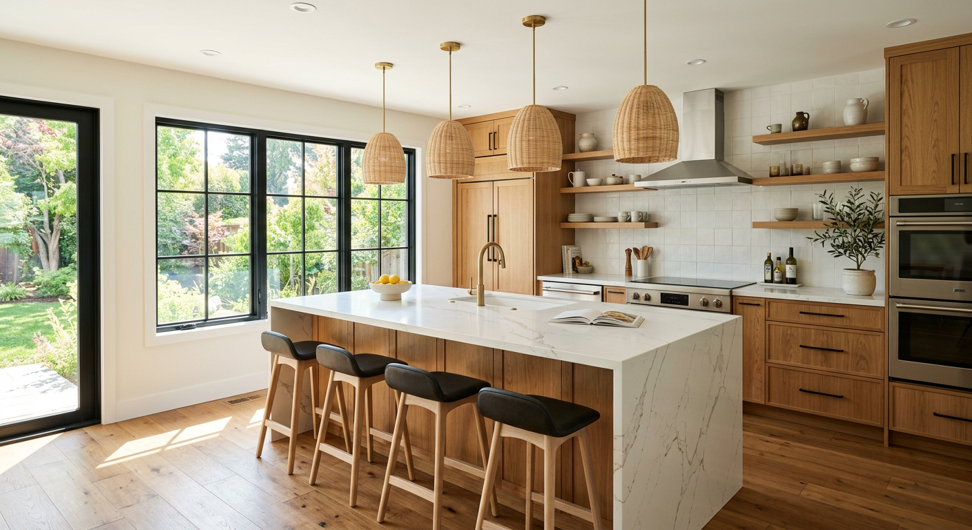 Renovated modern kitchen with a white quartz island