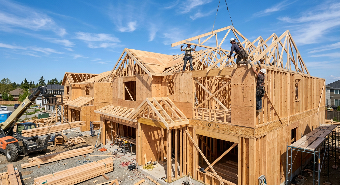 Carpenters installing roof trusses on a new wood-frame house
